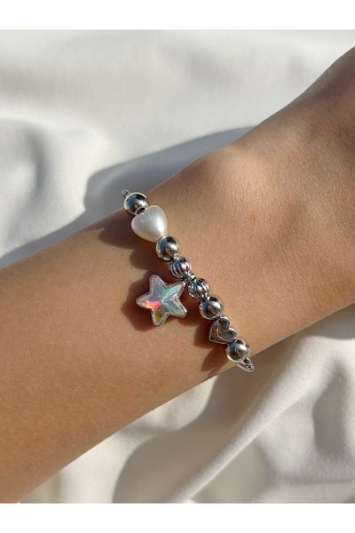 Eylülün Takısı Women's Silver Color Pink Star Figured Pearl Stone Bracelet