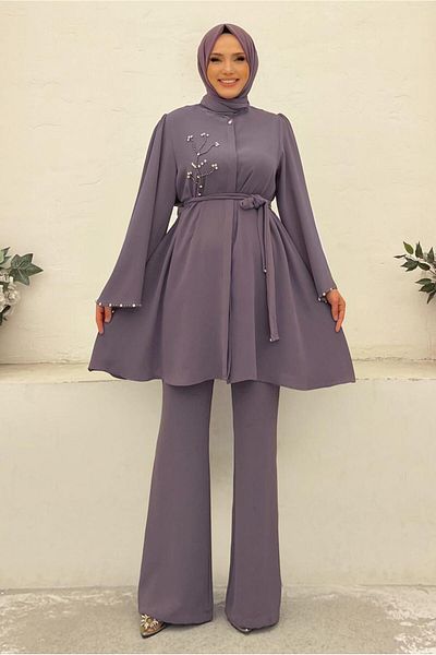 TRENDTESETTÜR WOMEN'S PURPLE (LILA) STONE EMBROIDERY DETAIL BELLOWED CREPE SUIT T 2348
