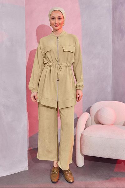 TRENDTESETTÜR Γυναικείο Σετ CAMEL Coffee Color - Lace-up Waist & Pants T 3304
