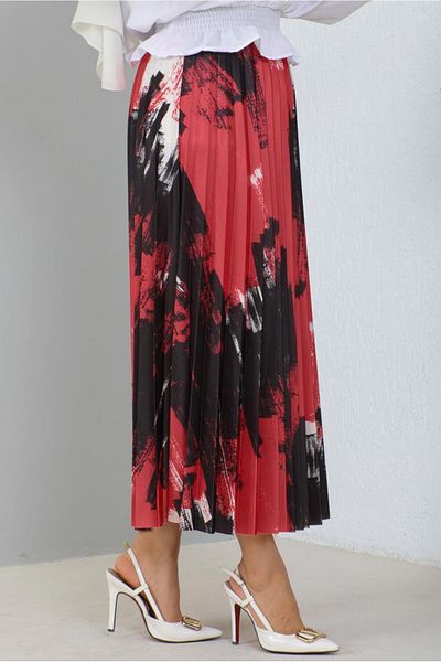 TRENDTESETTÜR WOMEN'S RED PATTERNED PLEATED SKIRT T 3554