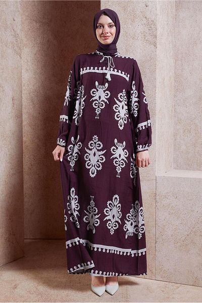 TRENDTESETTÜR Κρεμ Boro Μοτίβο Χιτζάμπ Φόρεμα - T 5232