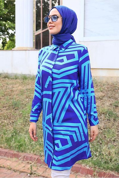 TRENDTESETTÜR Navy Blue Patterned Cotton Tunic - Women's T 3612