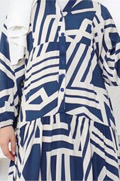TRENDTESETTÜR Ναυτικό μπλε Indigo μοτίβο Hijab φόρεμα - Γυναικείο T 5420