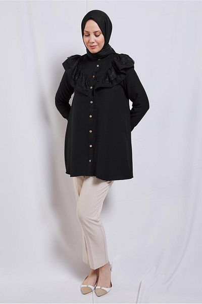 TRENDTESETTÜR WOMEN'S BLACK RUFFLE DETAIL TUNIC T 5347