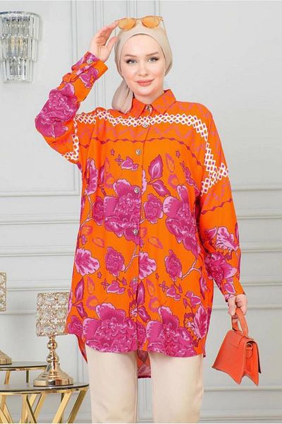 TRENDTESETTÜR Orange Patterned Cotton Women's Shirt Tunic - T 4231