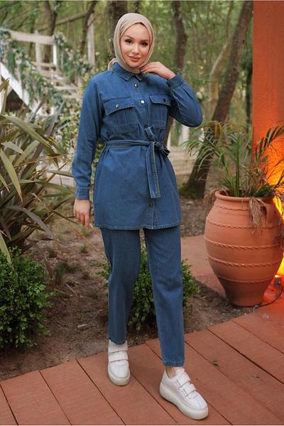 TRENDTESETTÜR Σετ γυναικείο τζιν παντελόνι Blue Belted - T 0202