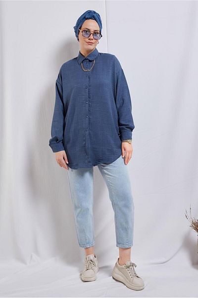 TRENDTESETTÜR WOMEN'S NAVY BLUE STRAPPED SHIRT TUNIC T 2811