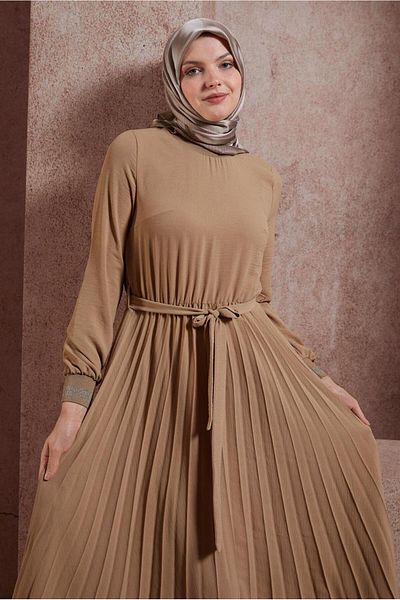 TRENDTESETTÜR Γυναικείο φόρεμα σε χρώμα καφέ πλισέ με ζώνη - T 42647