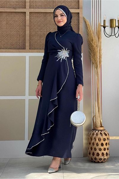 TRENDTESETTÜR Rochie de seară de damă cu detaliu de piatră bleumarin - T 2021