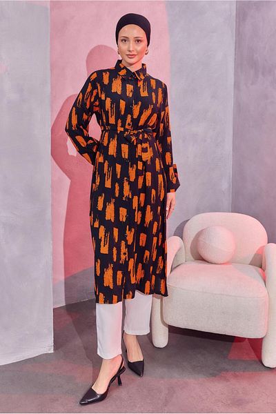TRENDTESETTÜR Woman Black (BLACK-ORANGE) Belted Patterned Long Tunic T 6104