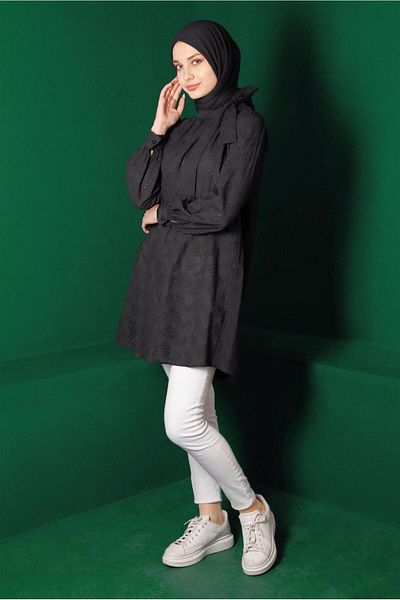 TRENDTESETTÜR Black Scalloped Tunic - With Tie Detail, T 42927