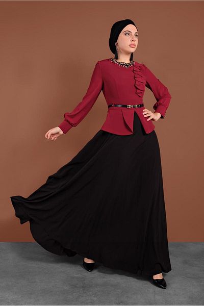 TRENDTESETTÜR فستان سهرة نسائي باللون العنابي (الكرز) مزين بالأحجار T 3048