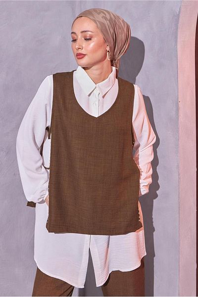 TRENDTESETTÜR Σετ τριών παντελονιών Coffee Color Pearl Detailed - T 0804