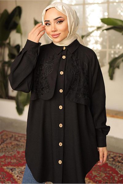 TRENDTESETTÜR قميص نسائي أسود منقوش تونك T 8302