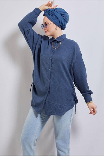 TRENDTESETTÜR WOMEN'S NAVY BLUE STRAPPED SHIRT TUNIC T 2811
