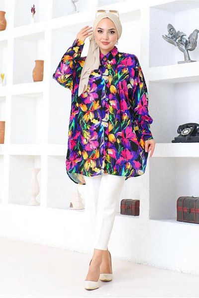 TRENDTESETTÜR Purple Patterned Cotton Women's Tunic - Teteştür T 5362