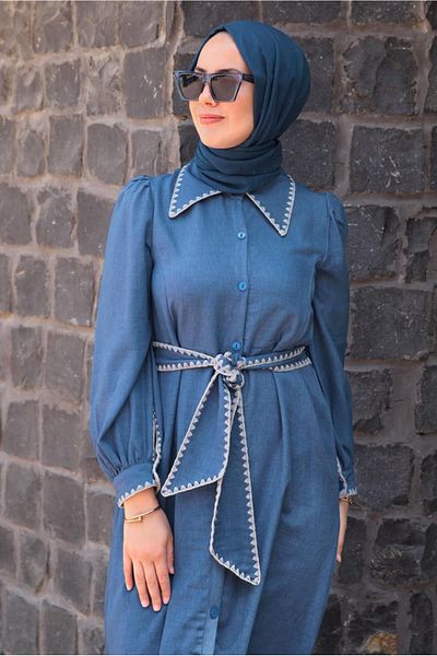 TRENDTESETTÜR Μπλε Navy Indigo Belted Hijab Φόρεμα - T 3791