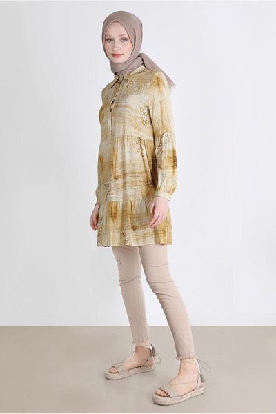 TRENDTESETTÜR Orange Tie-Dye Floral Print Women's Tunic - Hardal t 42666