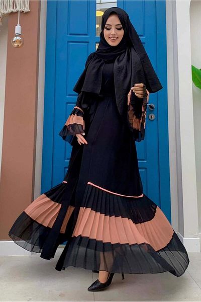 TRENDTESETTÜR Γυναικεία πούδρα (BLACK-PUDRA) Λεπτομερής πλισέ Abaya T 4547