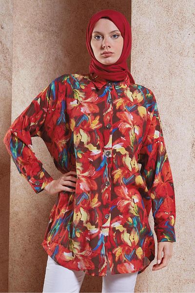 TRENDTESETTÜR تونيك من القطن المنقوش باللون الأحمر - T 5362