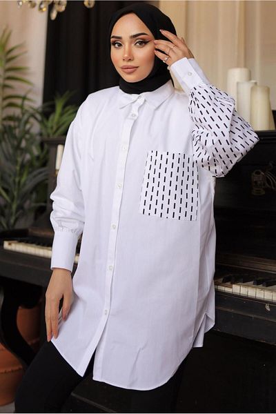 TRENDTESETTÜR WOMEN'S WHITE STRIPE PATTERNED SHIRT TUNIC T 3302