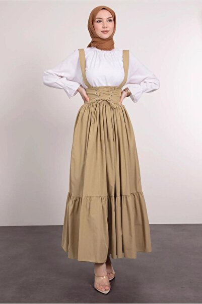 TRENDTESETTÜR CAMEL Brown Colored Women's Salopet Dress - Waist Lace-up T 60042