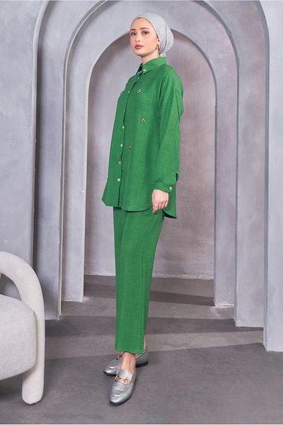 TRENDTESETTÜR Green Beneton Buttoned Women's Trousers Set - t 1283