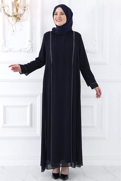 TRENDTESETTÜR WOMEN'S NAVY BLUE STONE DETAILED EVENING DRESS T 0921