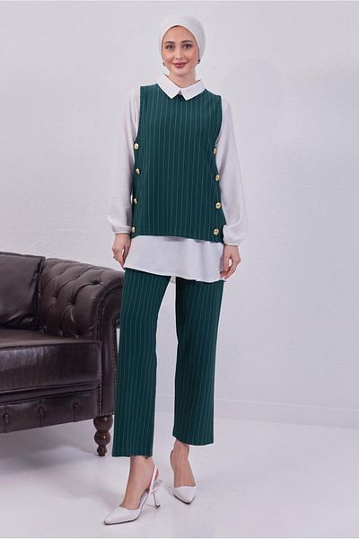 TRENDTESETTÜR Women's Blue (Petrol) Shirt Collar Striped Triple Vest Suit t 5443