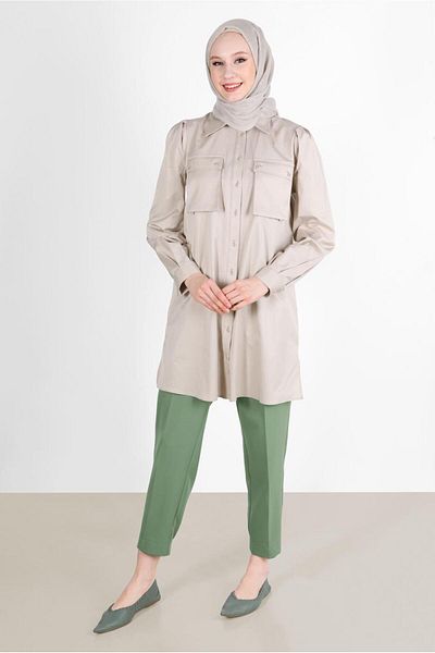 TRENDTESETTÜR Beige Tunic - Neck Button and Pocket, Model T 42639