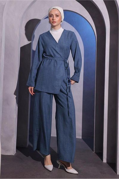 TRENDTESETTÜR Γυναικείο παντελόνι Navy Blue Indigo - Λεπτομέρεια σταυρού δεμένο T 3604