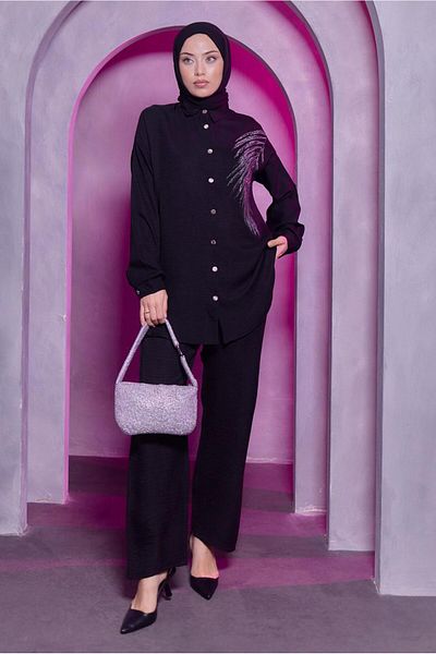 TRENDTESETTÜR WOMEN'S BLACK STONE PRINTED PANT SUIT T 0783