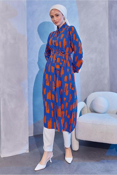 TRENDTESETTÜR WOMEN'S DARK BLUE (INDIGO-ORANGE) LONG TUNIC T 6104 WITH BELLOW PATTERN