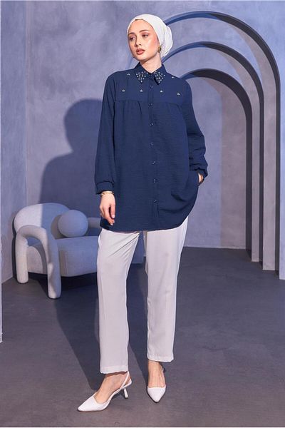 TRENDTESETTÜR Navy Blue Bead Detailed Women's Shirt Tunic - T 3314