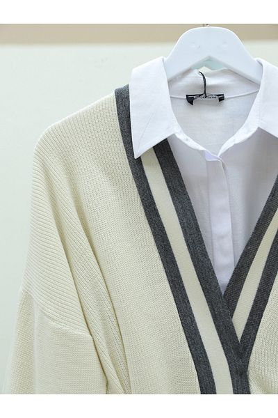 Modamorfo Knitwear Cardigan with Collar and Cuff Stripe - Smoked