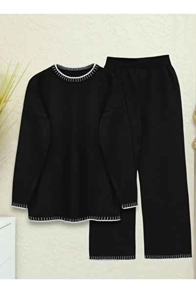 Modamorfo Detailní pletená sada s kulatým výstřihem a výšivkou - černá