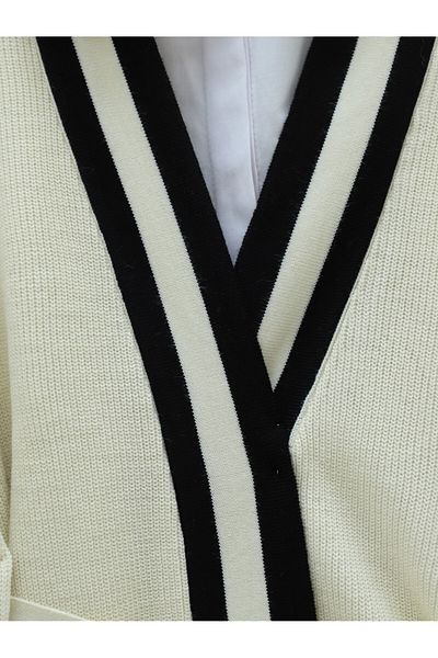 Modamorfo Knitwear Cardigan with Collar and Cuff Stripe - Black