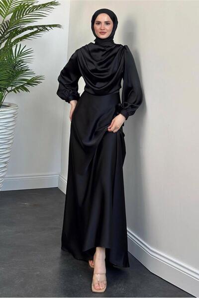 TRENDTESETTÜR KADIN SİYAH DEGAJE YAKA ABİYE ELBİSE T 9116