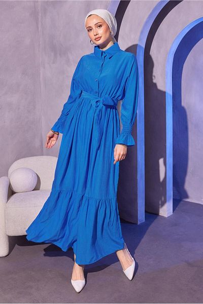 TRENDTESETTÜR Navy Blue Saks Belted Hijab Φόρεμα - Γυναικείο T 7814