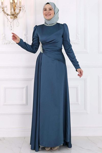 TRENDTESETTÜR Navy Blue Indigo Stone Detailed Women's Evening Dress - T 7853