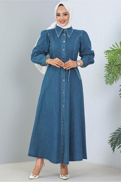 TRENDTESETTÜR Γυναικείο φόρεμα Navy Blue Indigo Belted Denim - T 1086