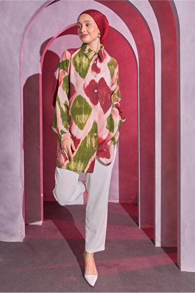 TRENDTESETTÜR Green-Burgundy Patterned Women's Shirt Tunic T 1814