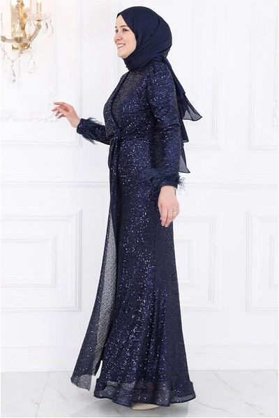 TRENDTESETTÜR Rochie de seară hijab cu paiete albastru bleumarin - T 3953