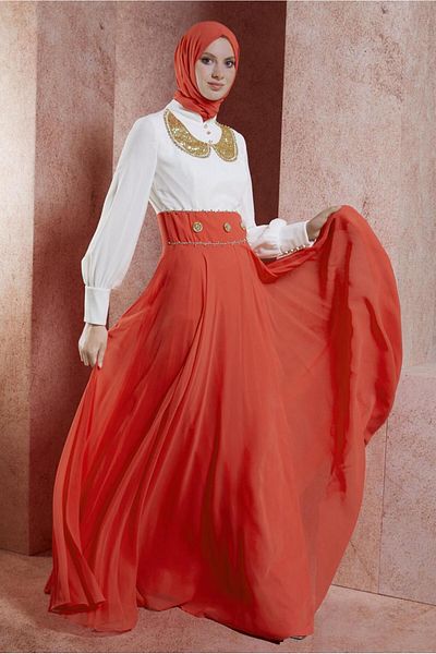 TRENDTESETTÜR Coral Colored Chiffon Women's Evening Dress - T 5950
