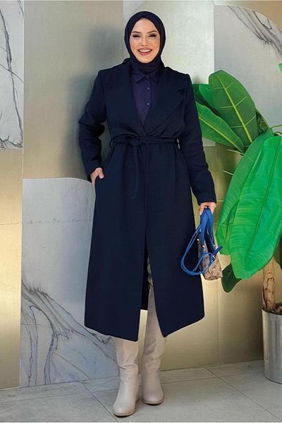 TRENDTESETTÜR Palton de damă cu brâu albastru bleumarin - T 9157