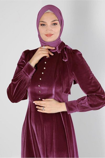 TRENDTESETTÜR Burgundy VelveT Women's Dress - T 43437
