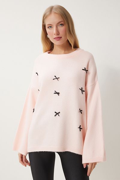 Lovelyİstanbul Oversize Pudra Knitwear Sweater - Bow Detail, Lkb0009