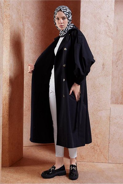 TRENDTESETTÜR Γυναικεία καμπαρντίνα μαύρης ζώνης βαμβακερή - T 6201