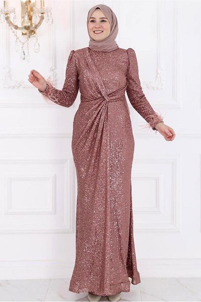 TRENDTESETTÜR Βραδινό φόρεμα ροζ Dusty Rose Sequined Hijab - T 3953