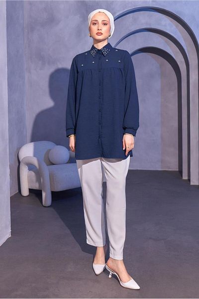 TRENDTESETTÜR Navy Blue Bead Detailed Women's Shirt Tunic - T 3314
